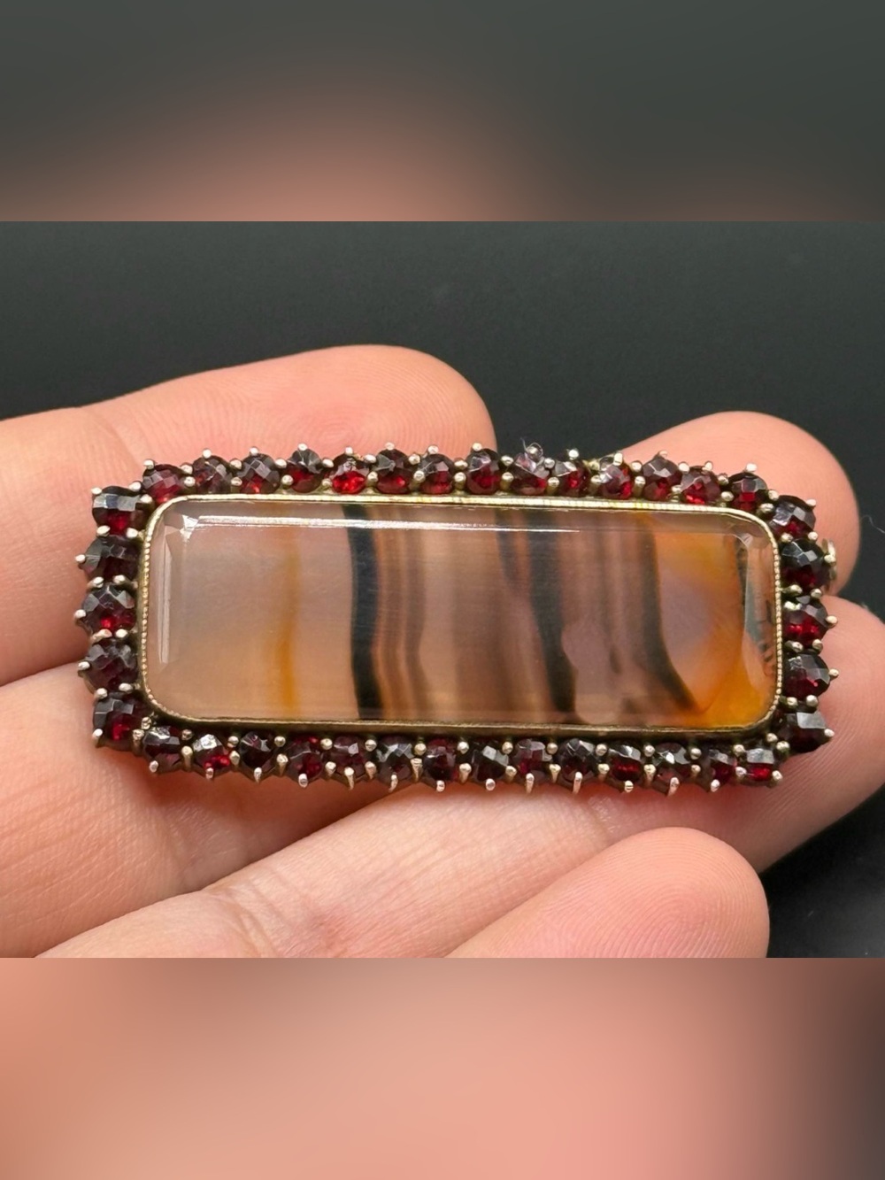 Antique Rectangular Bohemian 835 Silver brooch With Agate & garnet surround